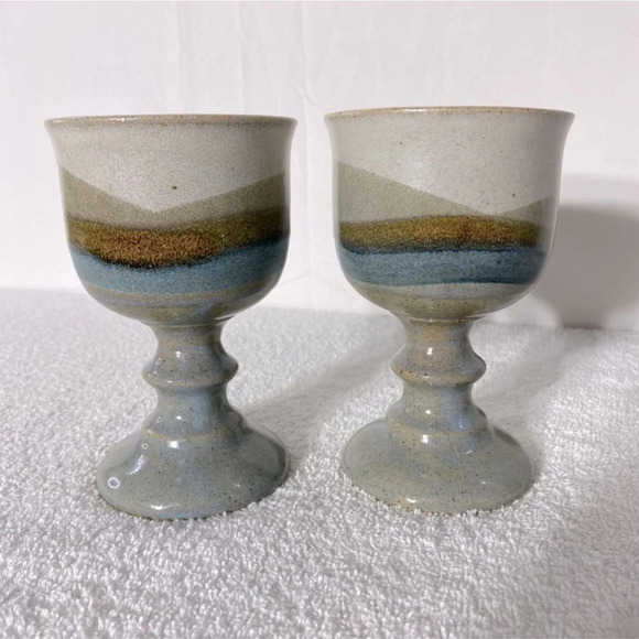Vintage Stemmed  Goblet Handcrafted Stoneware Beige Blue Tan Band x2 - Picture 1 of 12